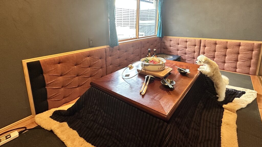 淡路島の古民家宿 AKIYA nehemiahの和室。DIYで製作したピンク色の背もたれ腰壁とこたつ、愛犬Chestnut